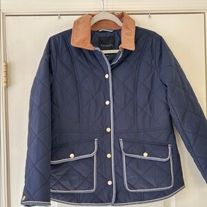 Talbots Dark Blue Quilted Jacket with Brown Trim